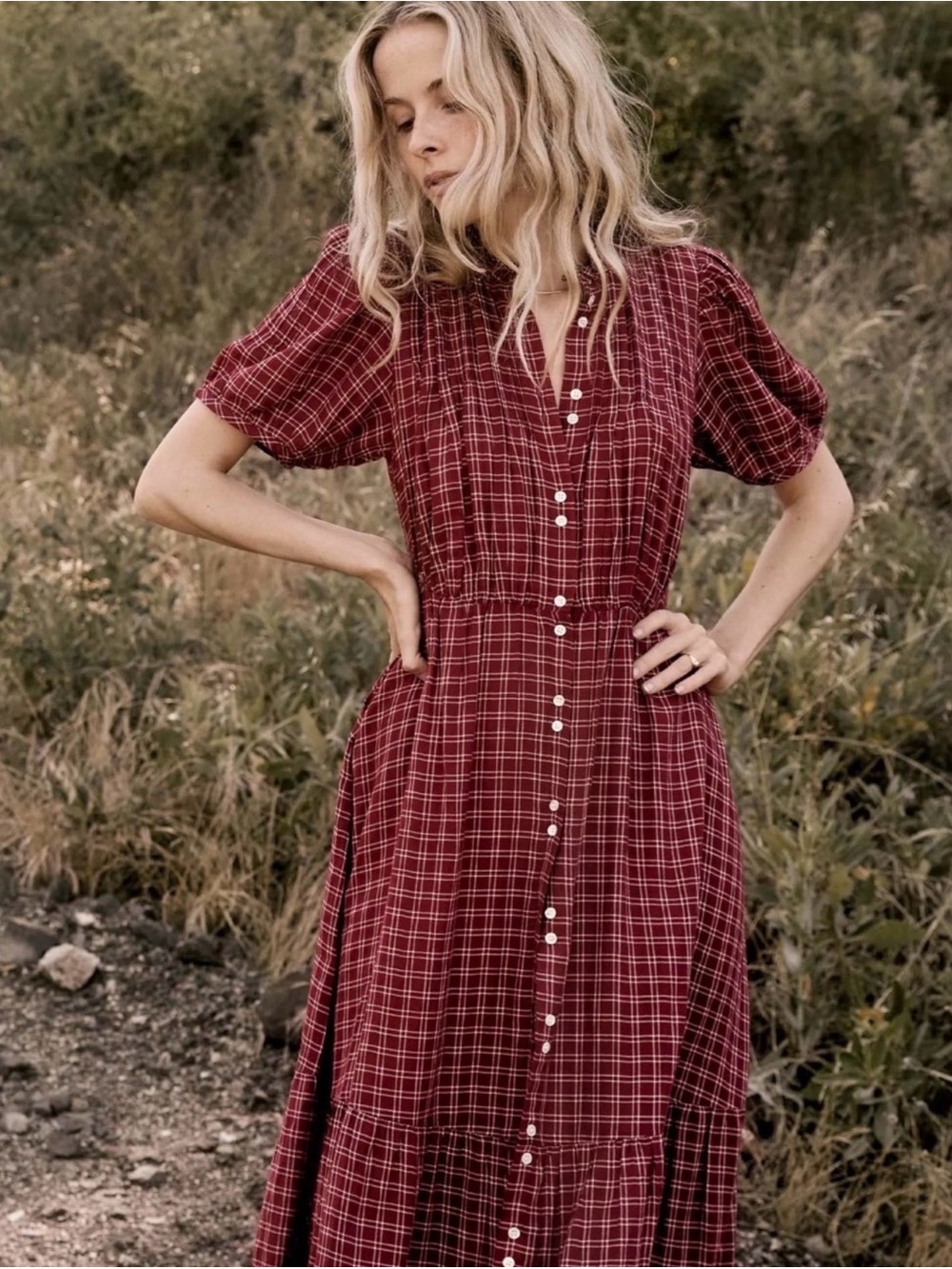 Doen revi red plaid button down dress